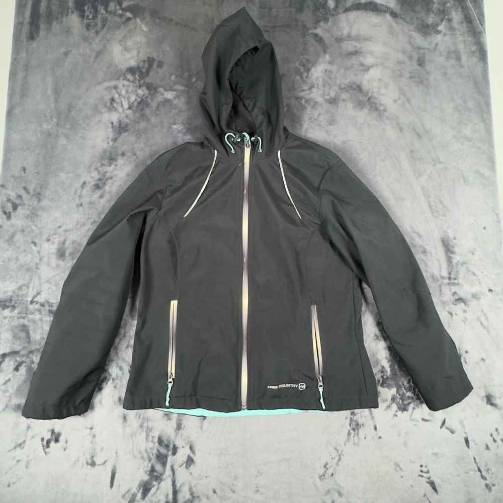 Free Country Softshell Jacket Womens L Black Teal Hooded Reflective Full Zip